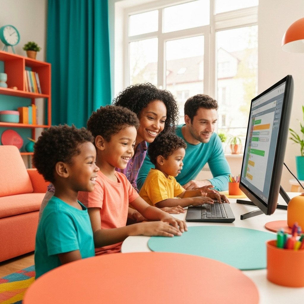 Happy family learning coding together